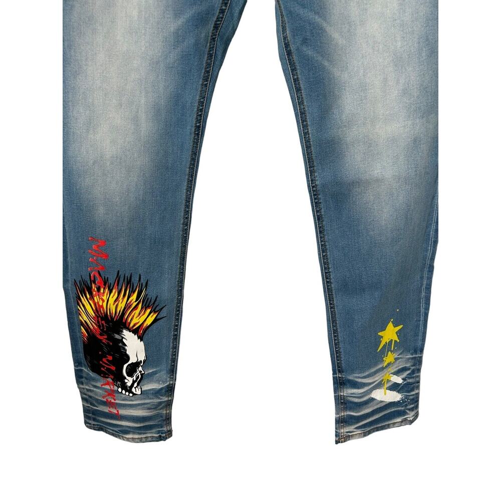 Mackeen Jeans Mens Size 40 Nite Market Button Fly Denim Skulls‎ Flames Mohawk - Picture 3 of 16